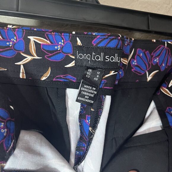 Long Tall Sally Pants Womens Sz 12 Black Blue Floral Work Career Stretch - Picture 4 of 5